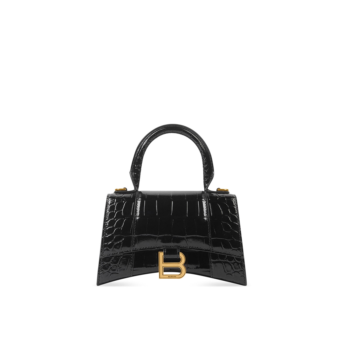 BALENCIAGA Hourglass XS Handbag In Crocodile Embossed - Black & Gold Hardware