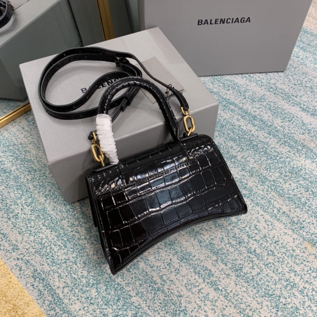 BALENCIAGA Hourglass XS Handbag In Crocodile Embossed - Black & Gold Hardware