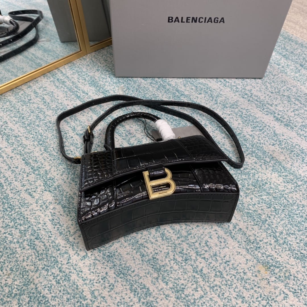 BALENCIAGA Hourglass XS Handbag In Crocodile Embossed - Black & Gold Hardware