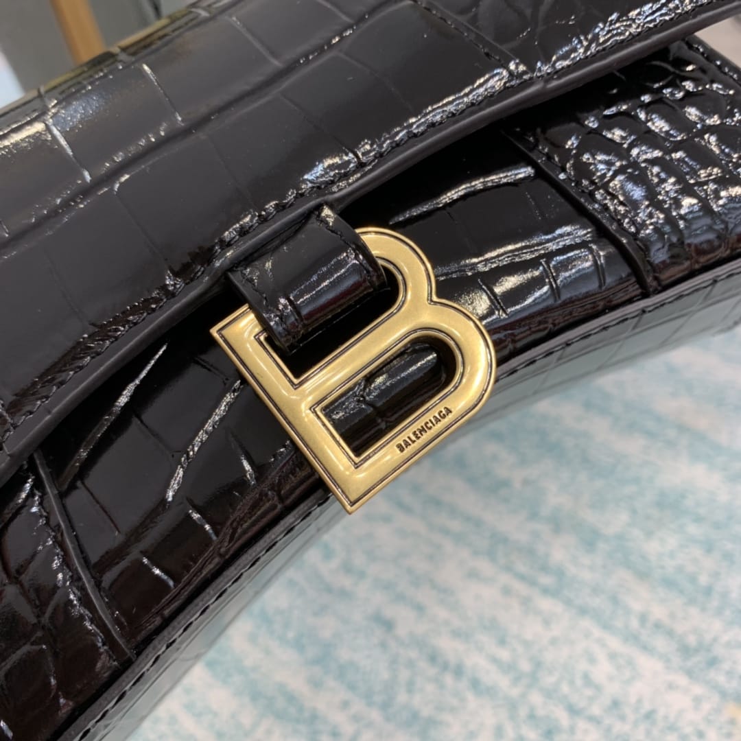 BALENCIAGA Hourglass XS Handbag In Crocodile Embossed - Black & Gold Hardware