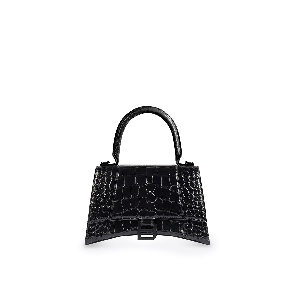 BALENCIAGA Hourglass XS Handbag In Crocodile Embossed - Black & Black Hardware