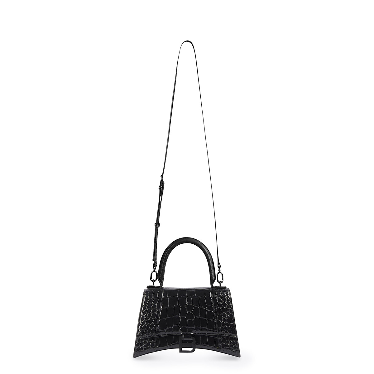 BALENCIAGA Hourglass XS Handbag In Crocodile Embossed - Black & Black Hardware