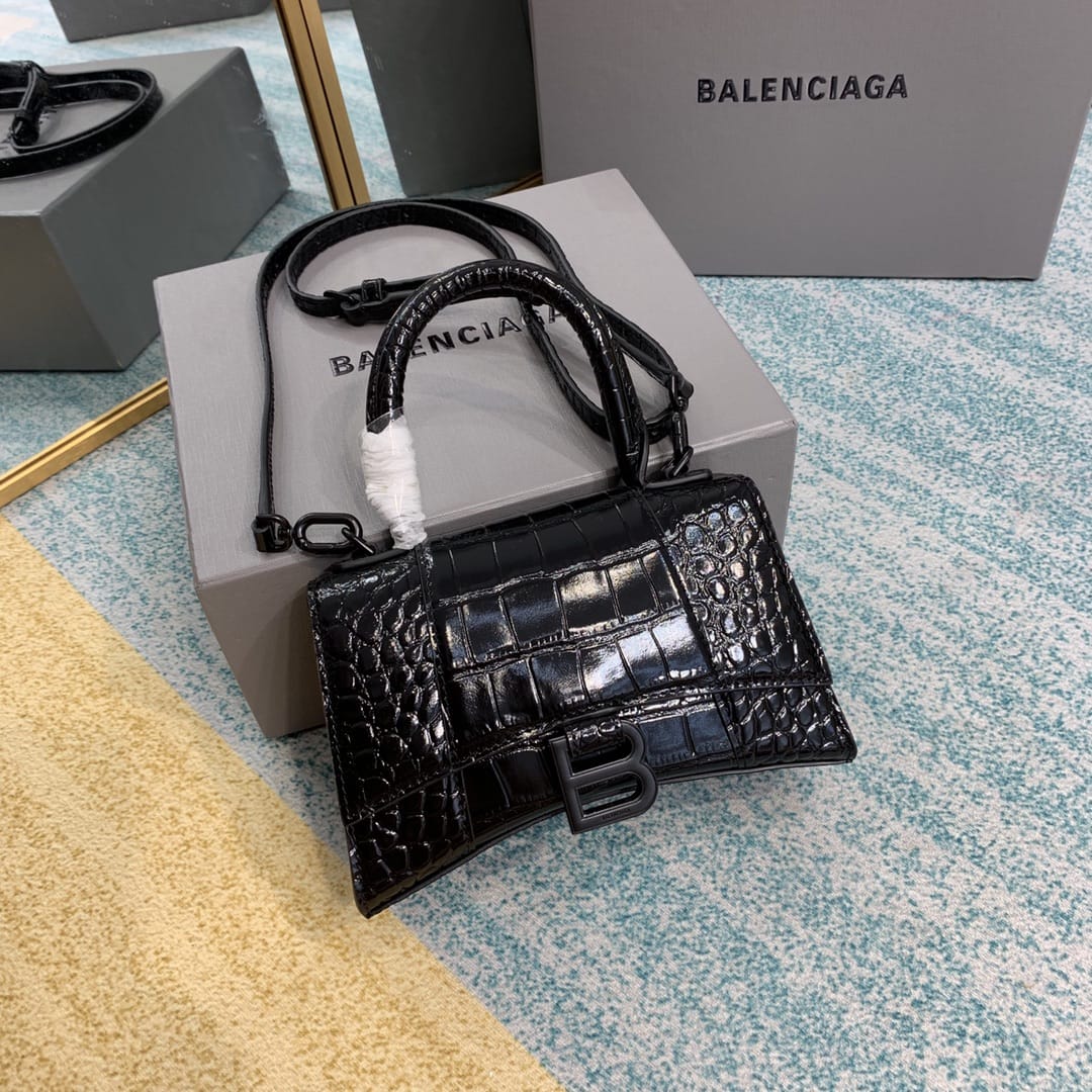 BALENCIAGA Hourglass XS Handbag In Crocodile Embossed - Black & Black Hardware