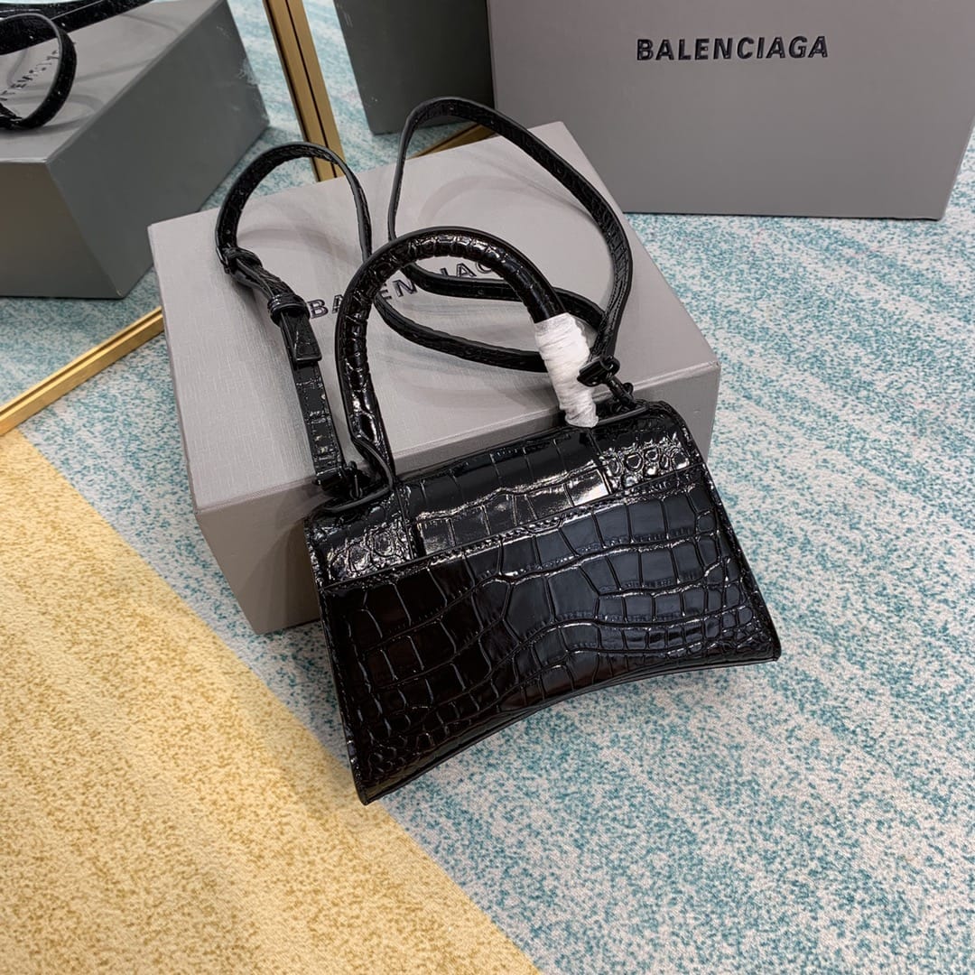 BALENCIAGA Hourglass XS Handbag In Crocodile Embossed - Black & Black Hardware