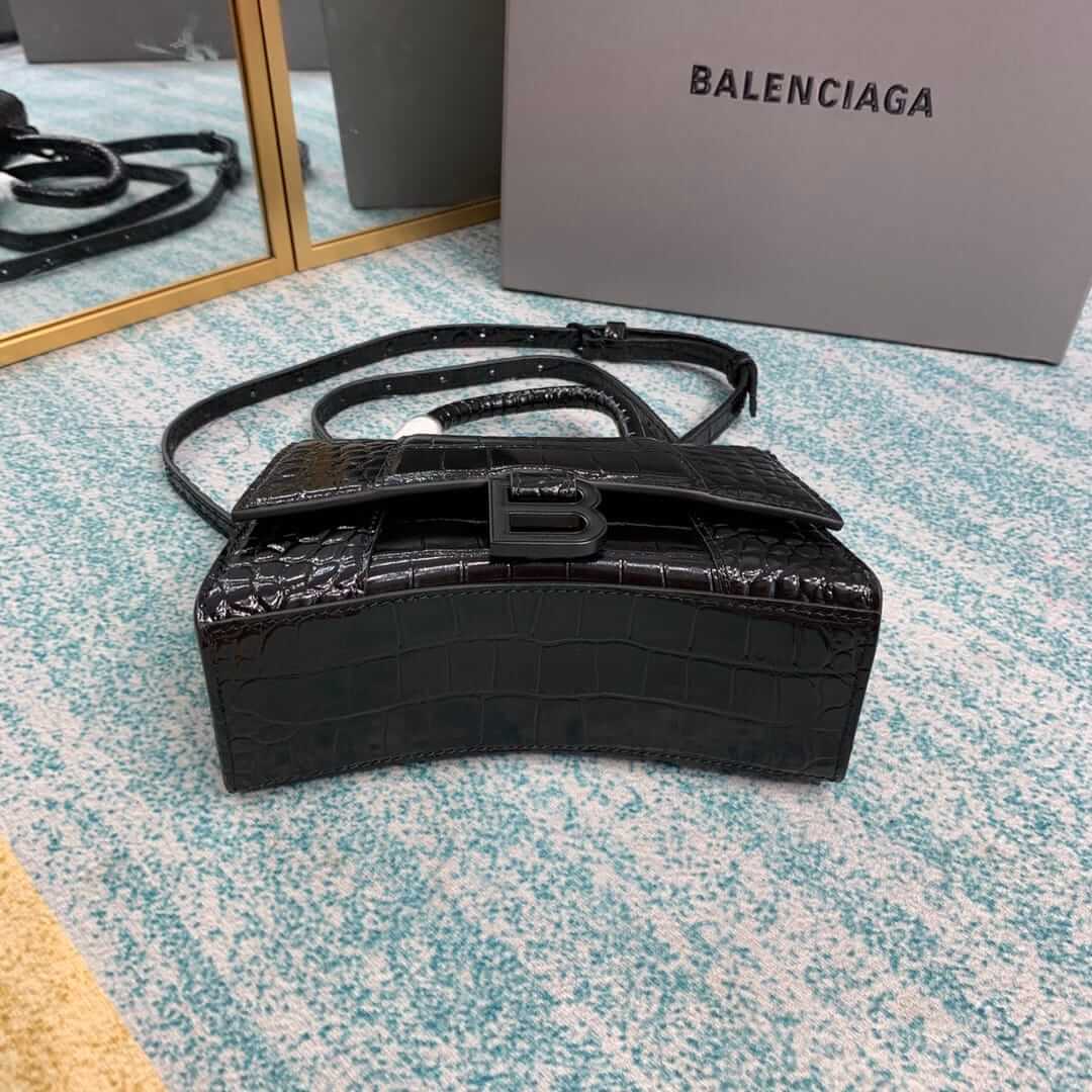 BALENCIAGA Hourglass XS Handbag In Crocodile Embossed - Black & Black Hardware