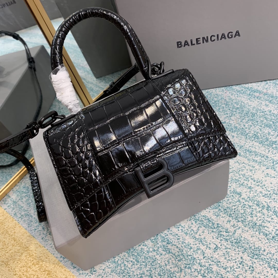 BALENCIAGA Hourglass XS Handbag In Crocodile Embossed - Black & Black Hardware