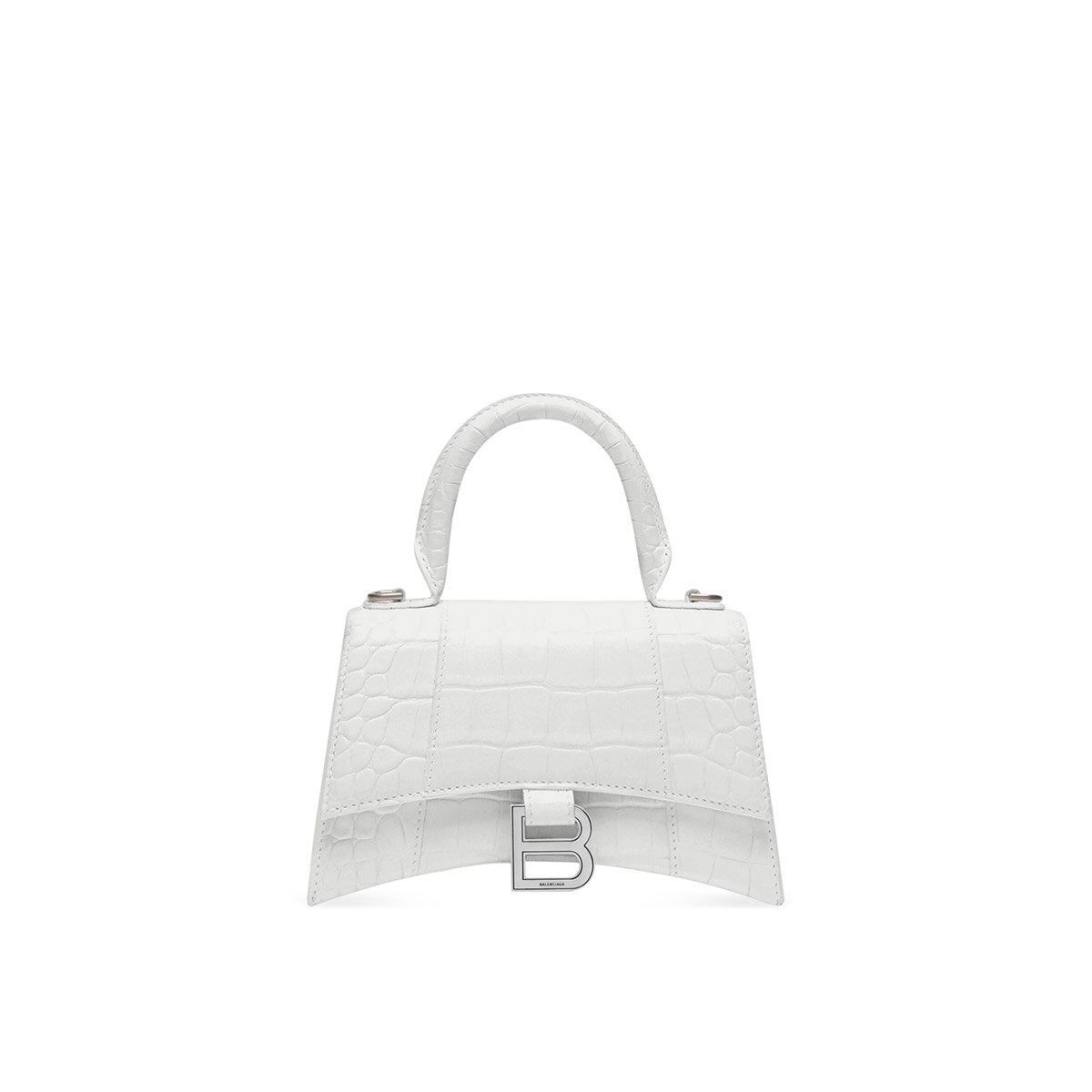 BALENCIAGA Hourglass XS Handbag In Crocodile Embossed - White & Silver Hardware