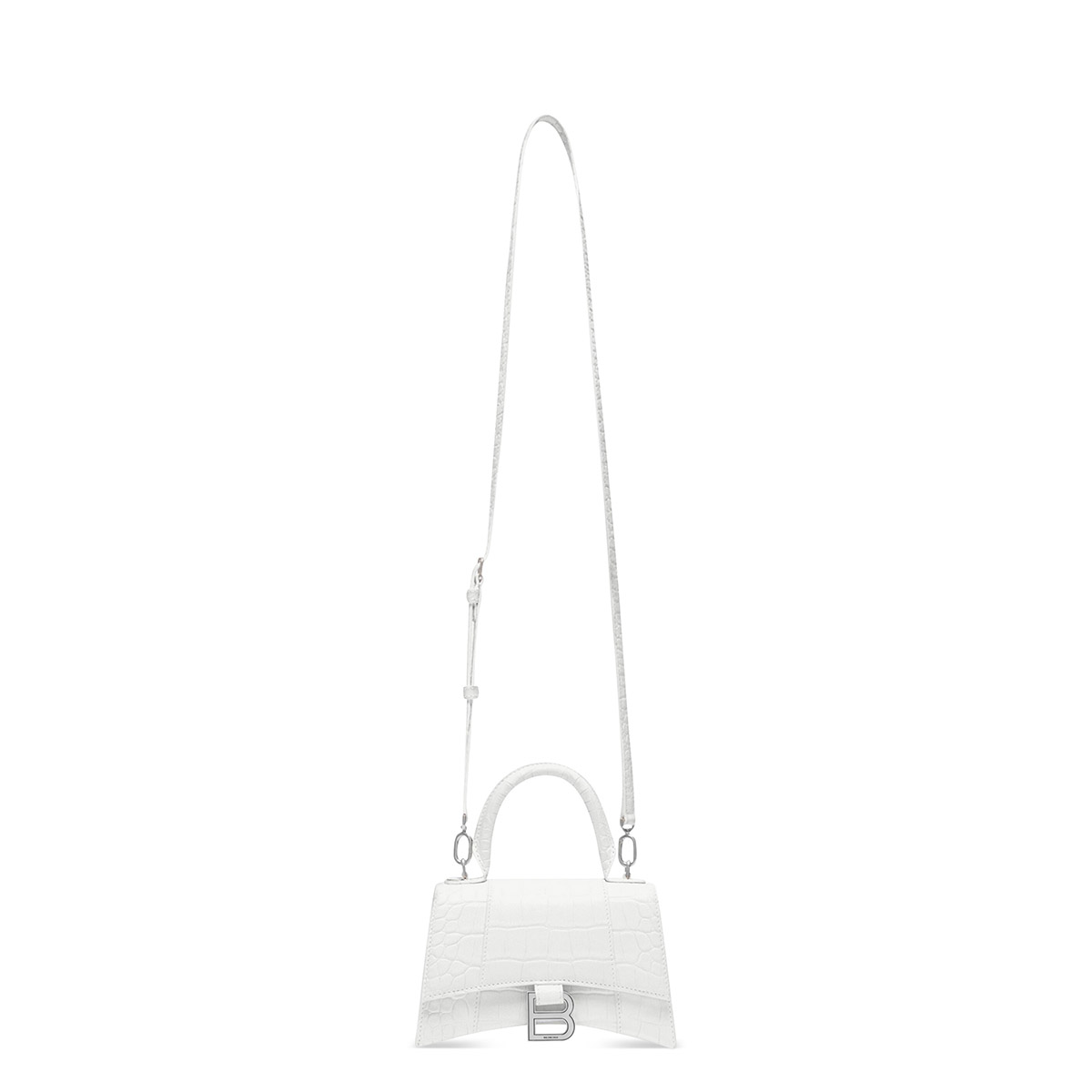 BALENCIAGA Hourglass XS Handbag In Crocodile Embossed - White & Silver Hardware