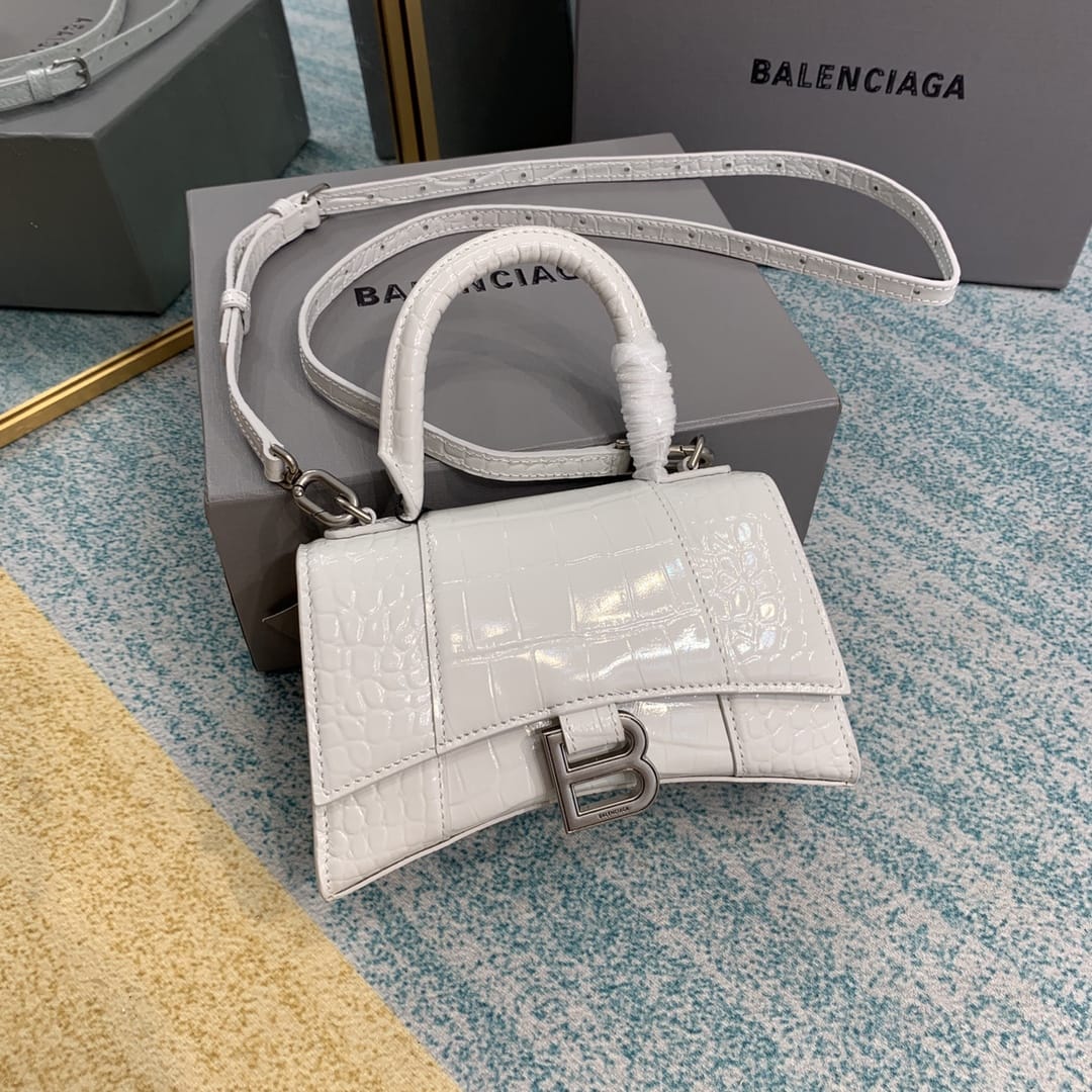 BALENCIAGA Hourglass XS Handbag In Crocodile Embossed - White & Silver Hardware