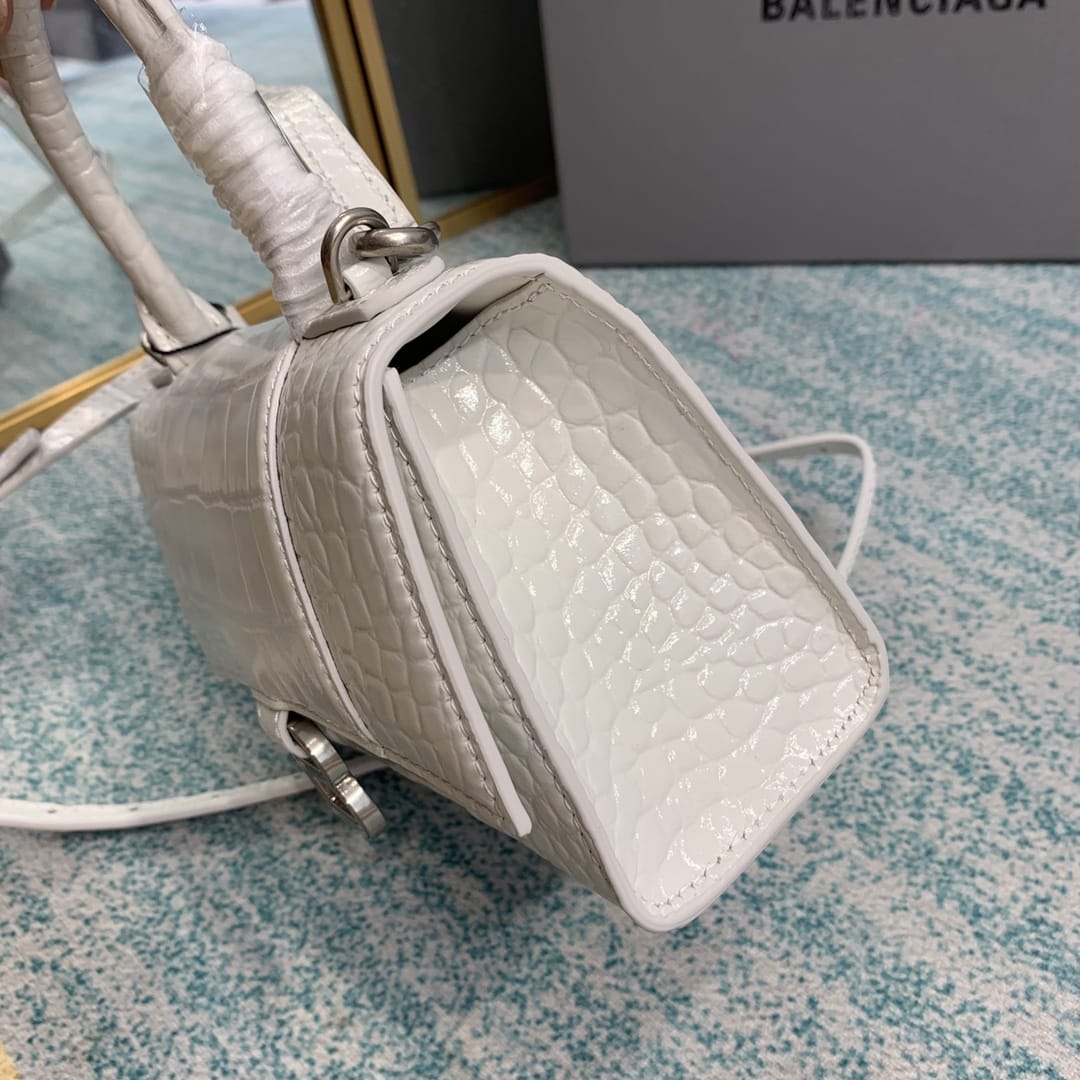 BALENCIAGA Hourglass XS Handbag In Crocodile Embossed - White & Silver Hardware