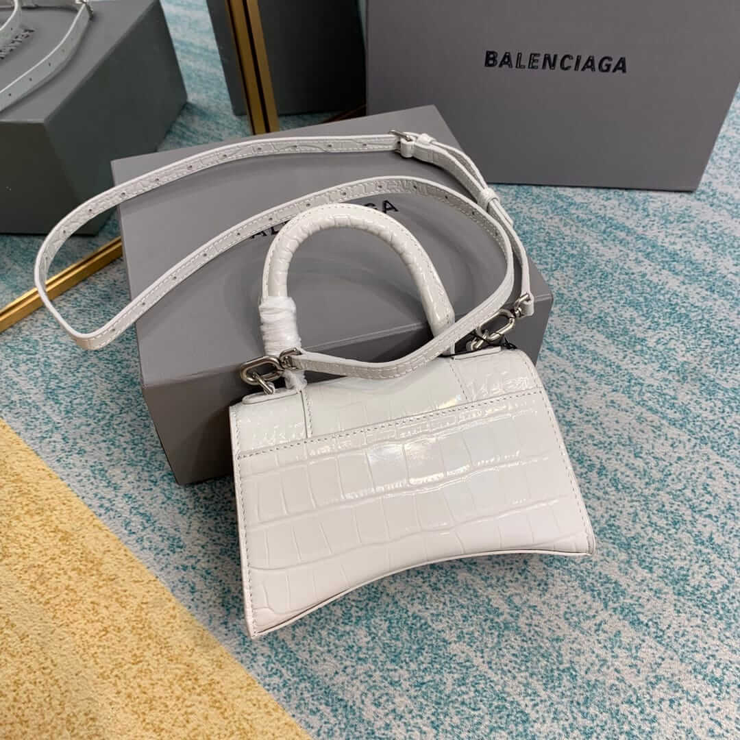 BALENCIAGA Hourglass XS Handbag In Crocodile Embossed - White & Silver Hardware