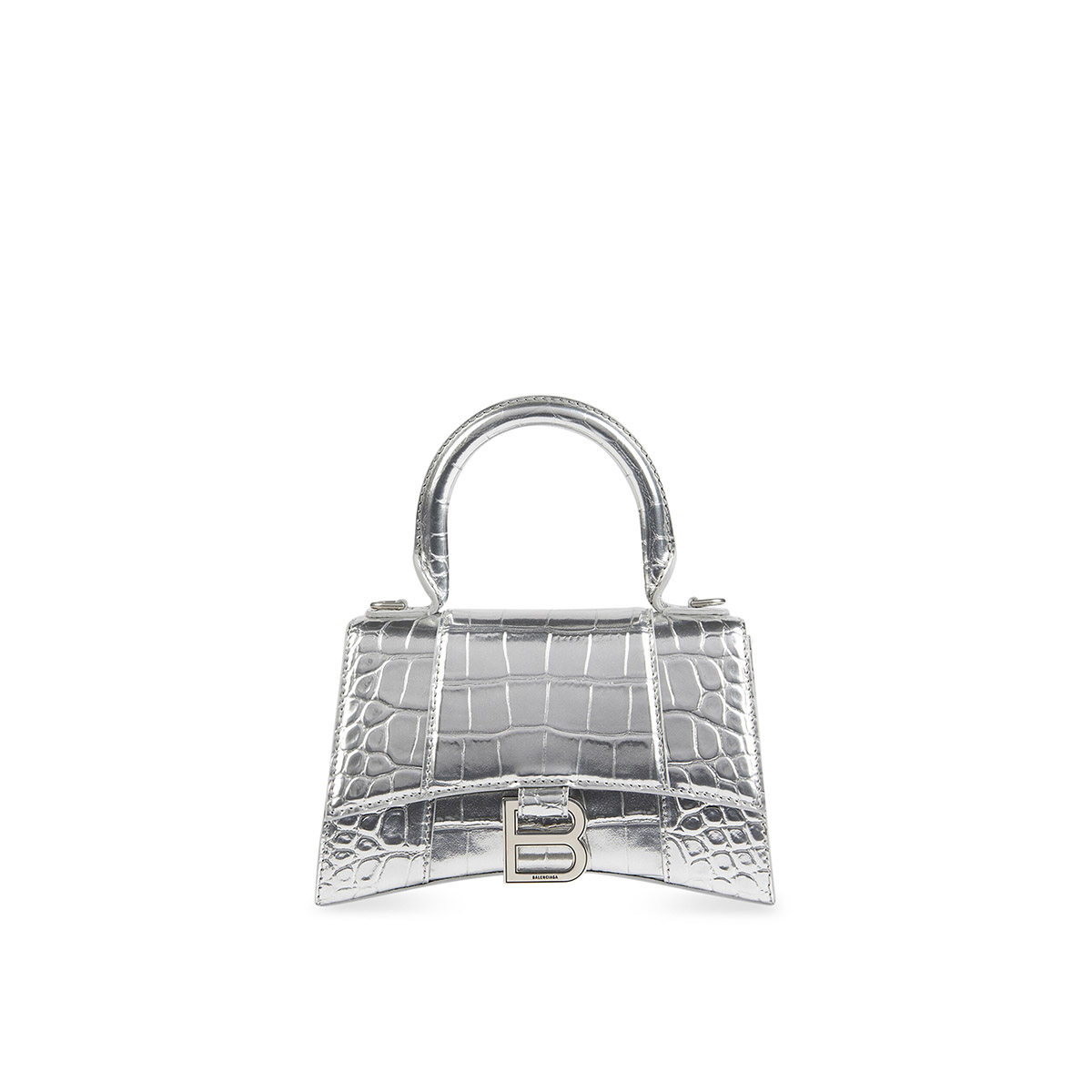 BALENCIAGA Hourglass XS Handbag In Crocodile Embossed - Silver & Silver Hardware