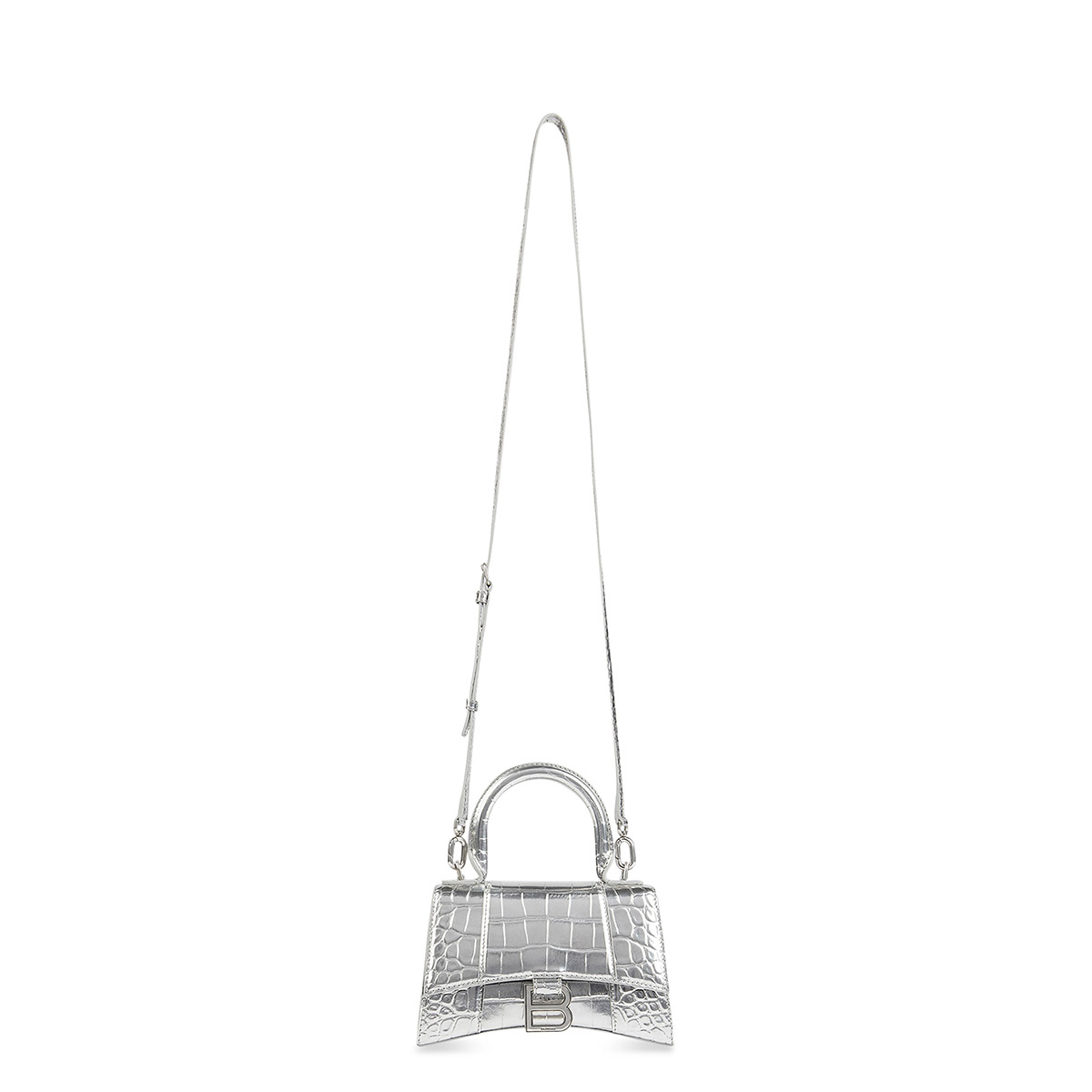 BALENCIAGA Hourglass XS Handbag In Crocodile Embossed - Silver & Silver Hardware