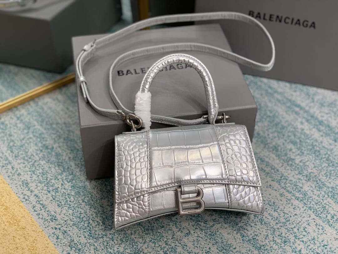 BALENCIAGA Hourglass XS Handbag In Crocodile Embossed - Silver & Silver Hardware