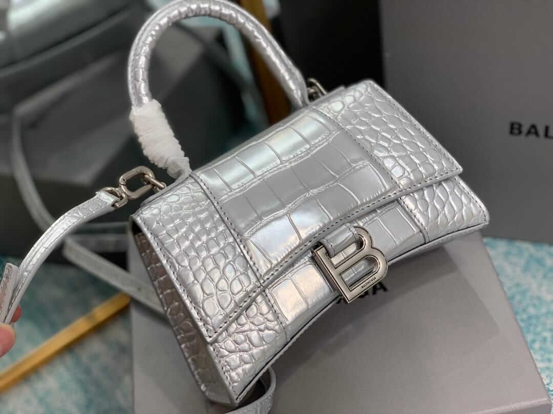 BALENCIAGA Hourglass XS Handbag In Crocodile Embossed - Silver & Silver Hardware