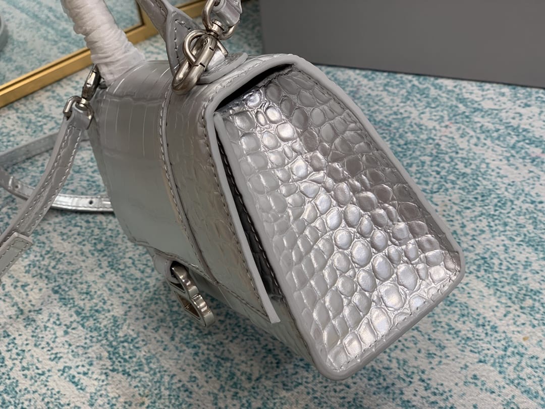 BALENCIAGA Hourglass XS Handbag In Crocodile Embossed - Silver & Silver Hardware