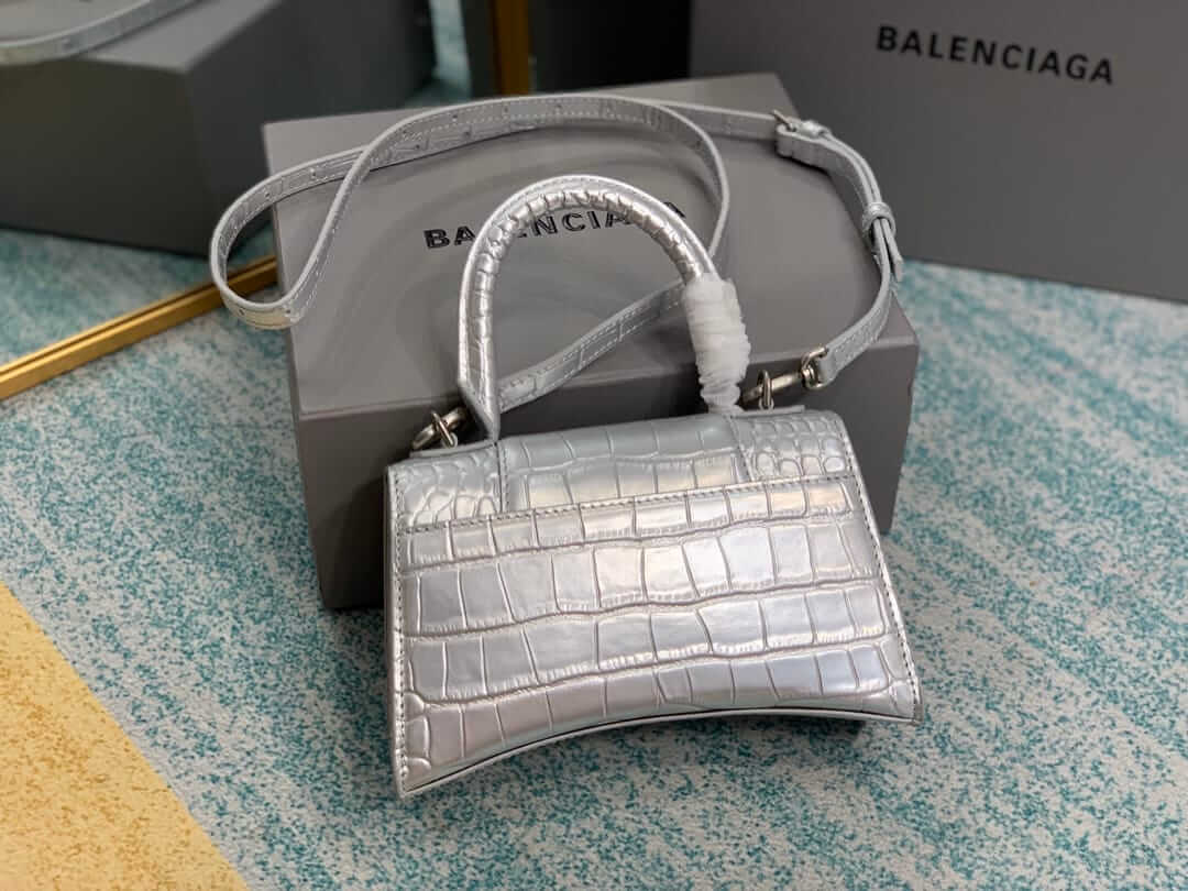 BALENCIAGA Hourglass XS Handbag In Crocodile Embossed - Silver & Silver Hardware