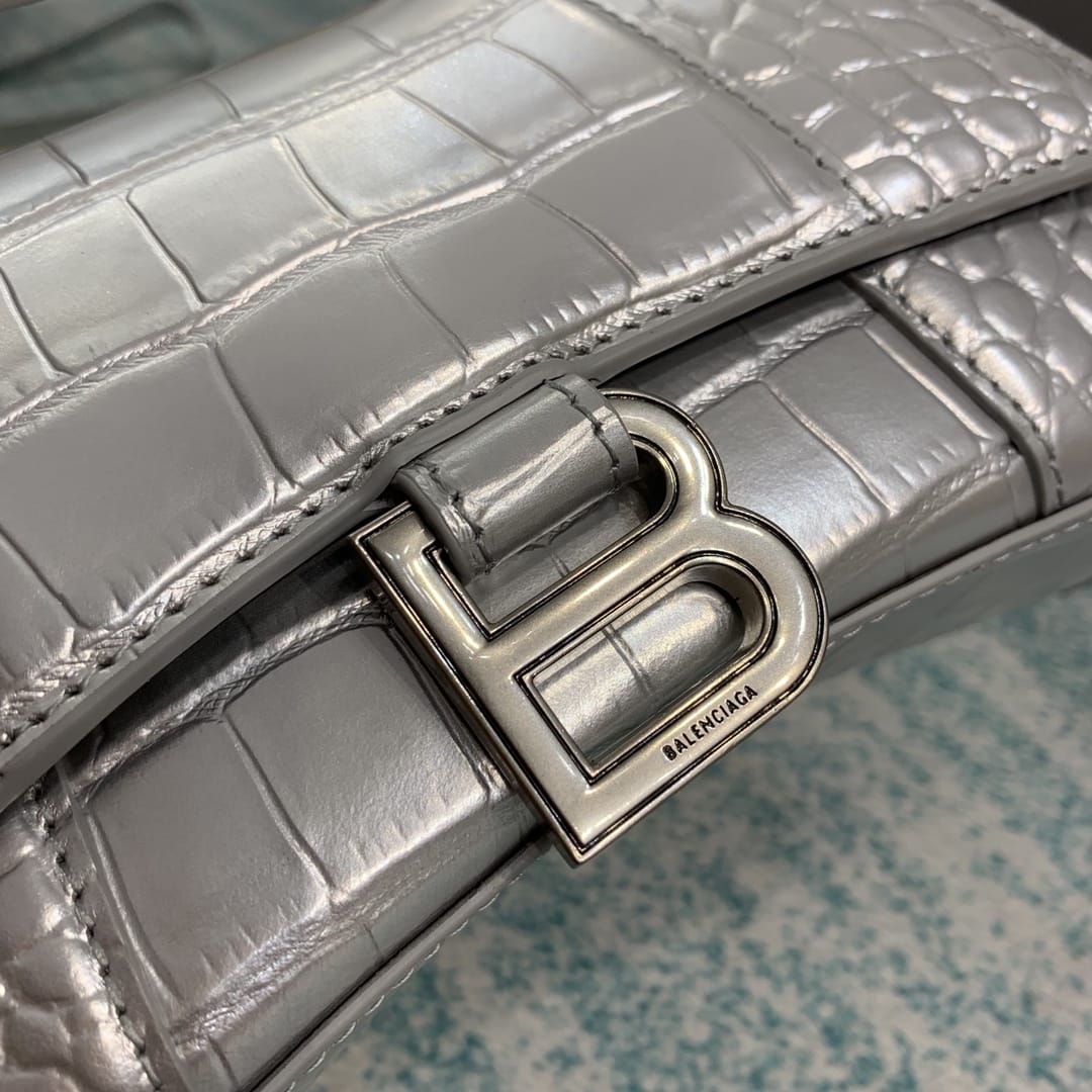 BALENCIAGA Hourglass XS Handbag In Crocodile Embossed - Silver & Silver Hardware