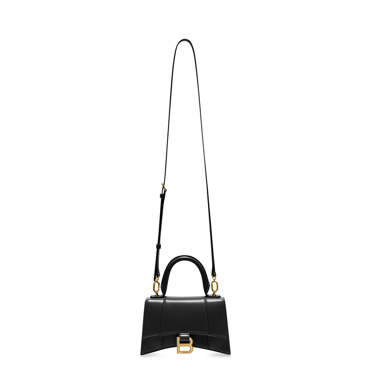 BALENCIAGA Hourglass XS Handbag In Calfskin Leather - Black & Gold Hardware