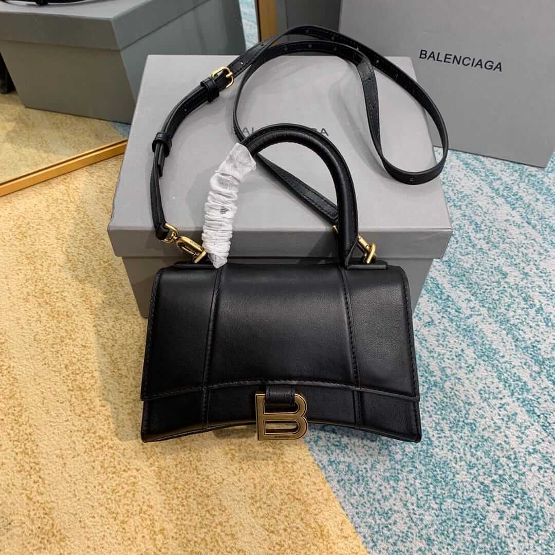 BALENCIAGA Hourglass XS Handbag In Calfskin Leather - Black & Gold Hardware