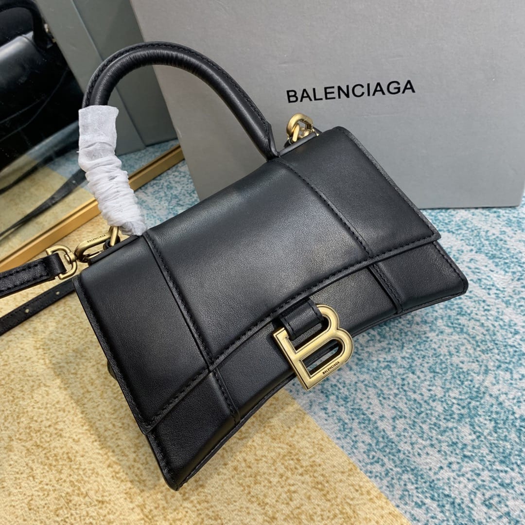 BALENCIAGA Hourglass XS Handbag In Calfskin Leather - Black & Gold Hardware