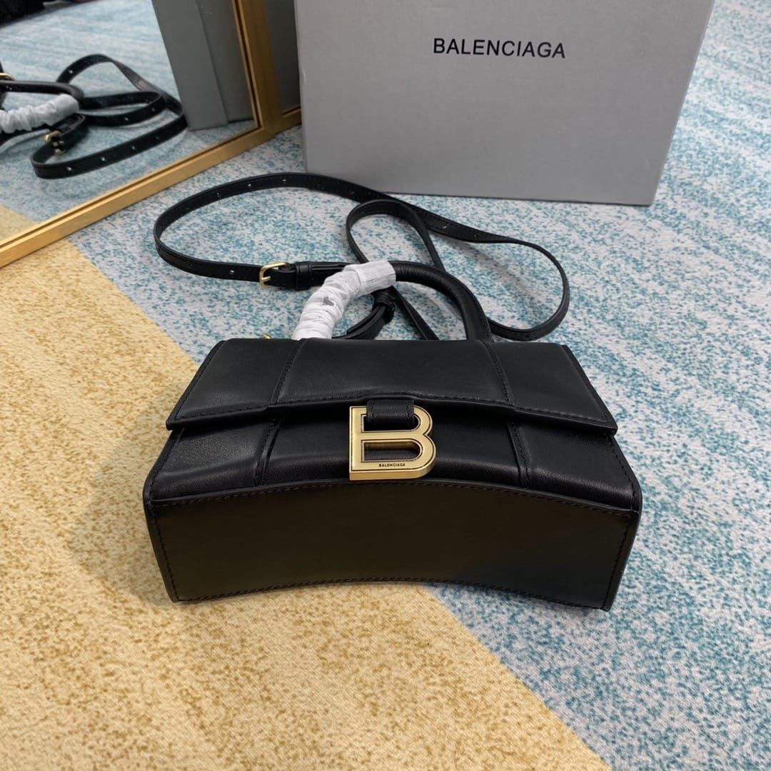 BALENCIAGA Hourglass XS Handbag In Calfskin Leather - Black & Gold Hardware