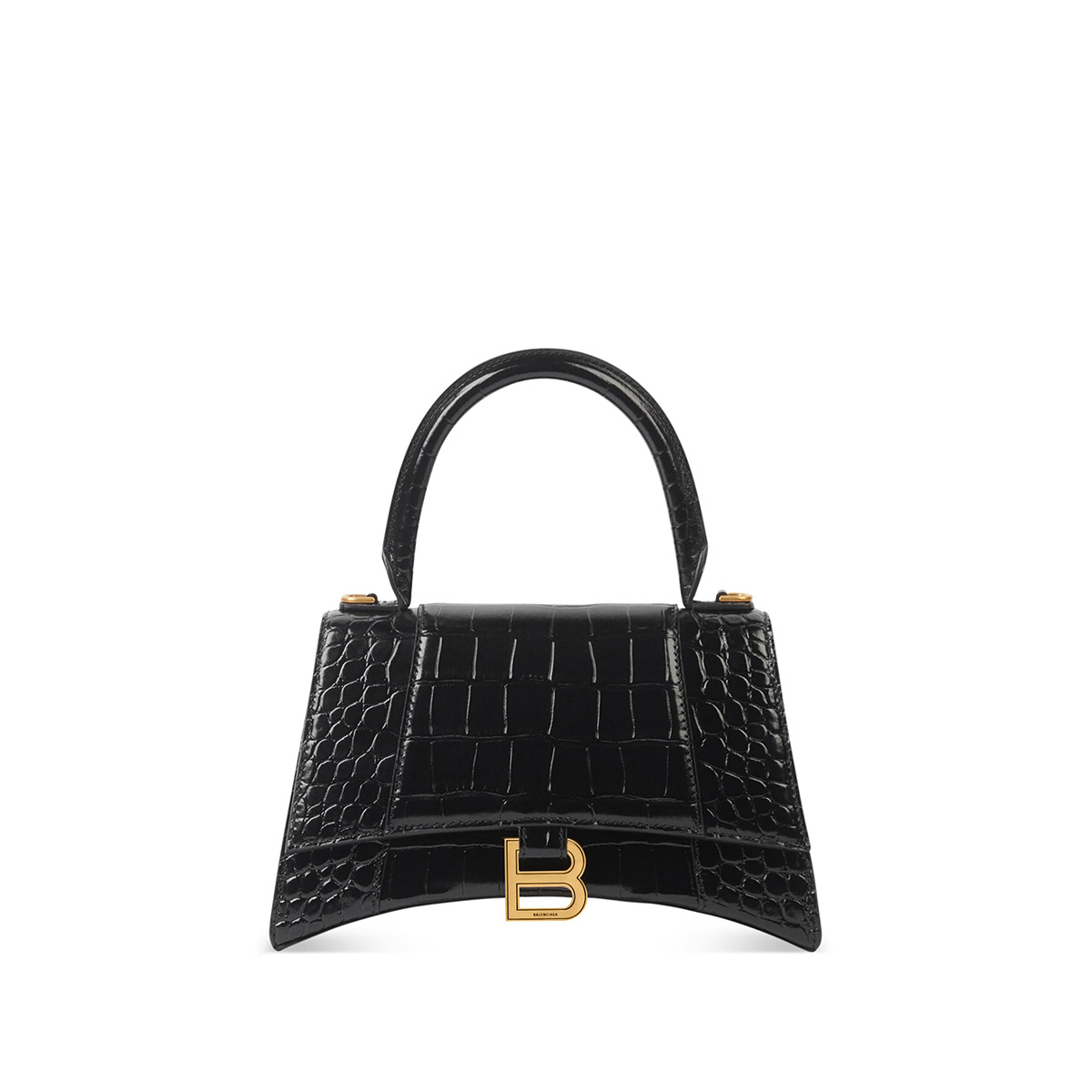 BALENCIAGA Hourglass Small Handbag In Crocodile Embossed - Black & Gold Hardware