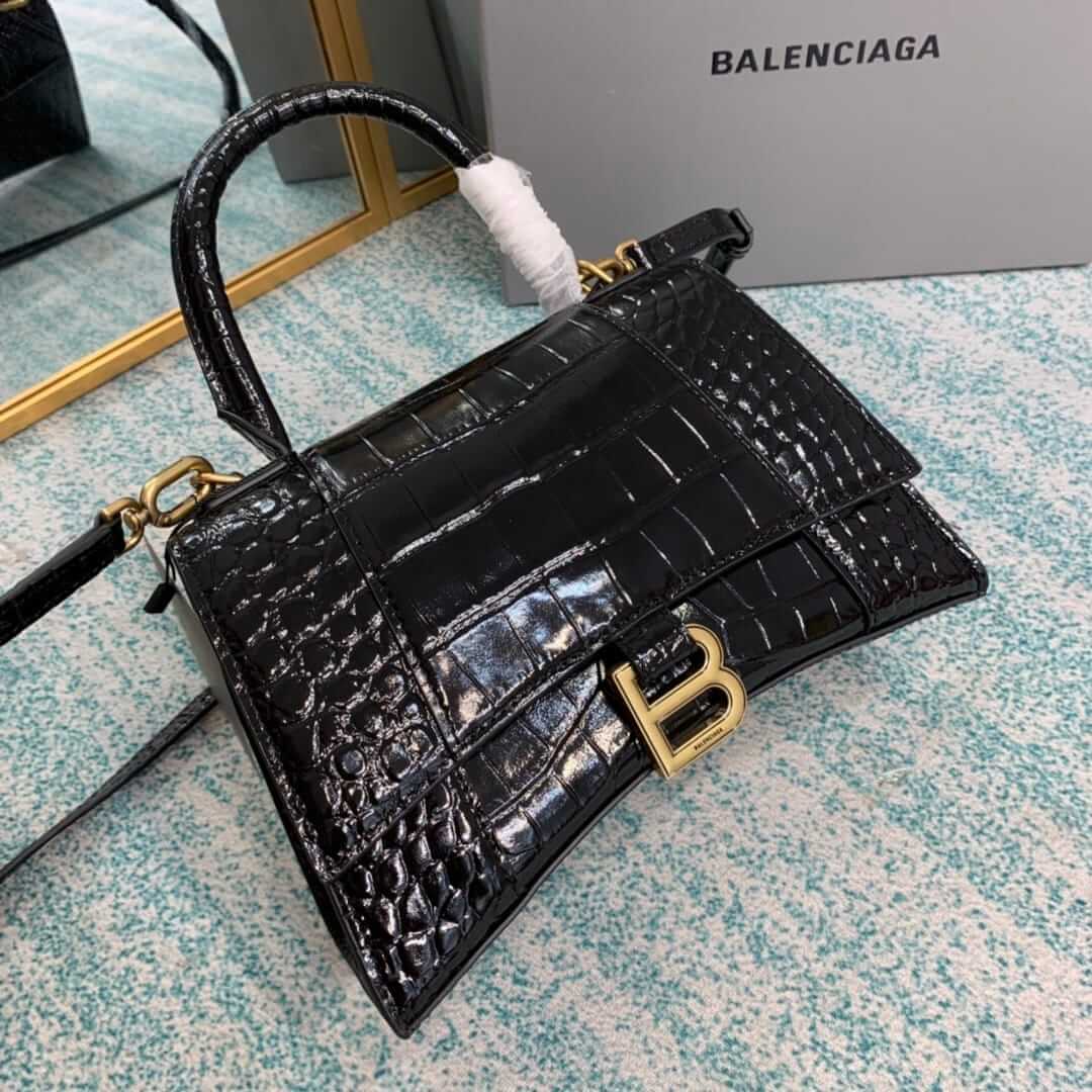 BALENCIAGA Hourglass Small Handbag In Crocodile Embossed - Black & Gold Hardware