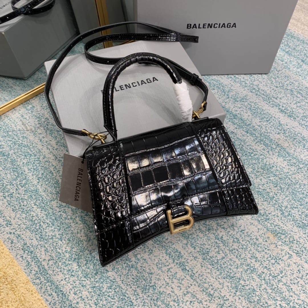 BALENCIAGA Hourglass Small Handbag In Crocodile Embossed - Black & Gold Hardware