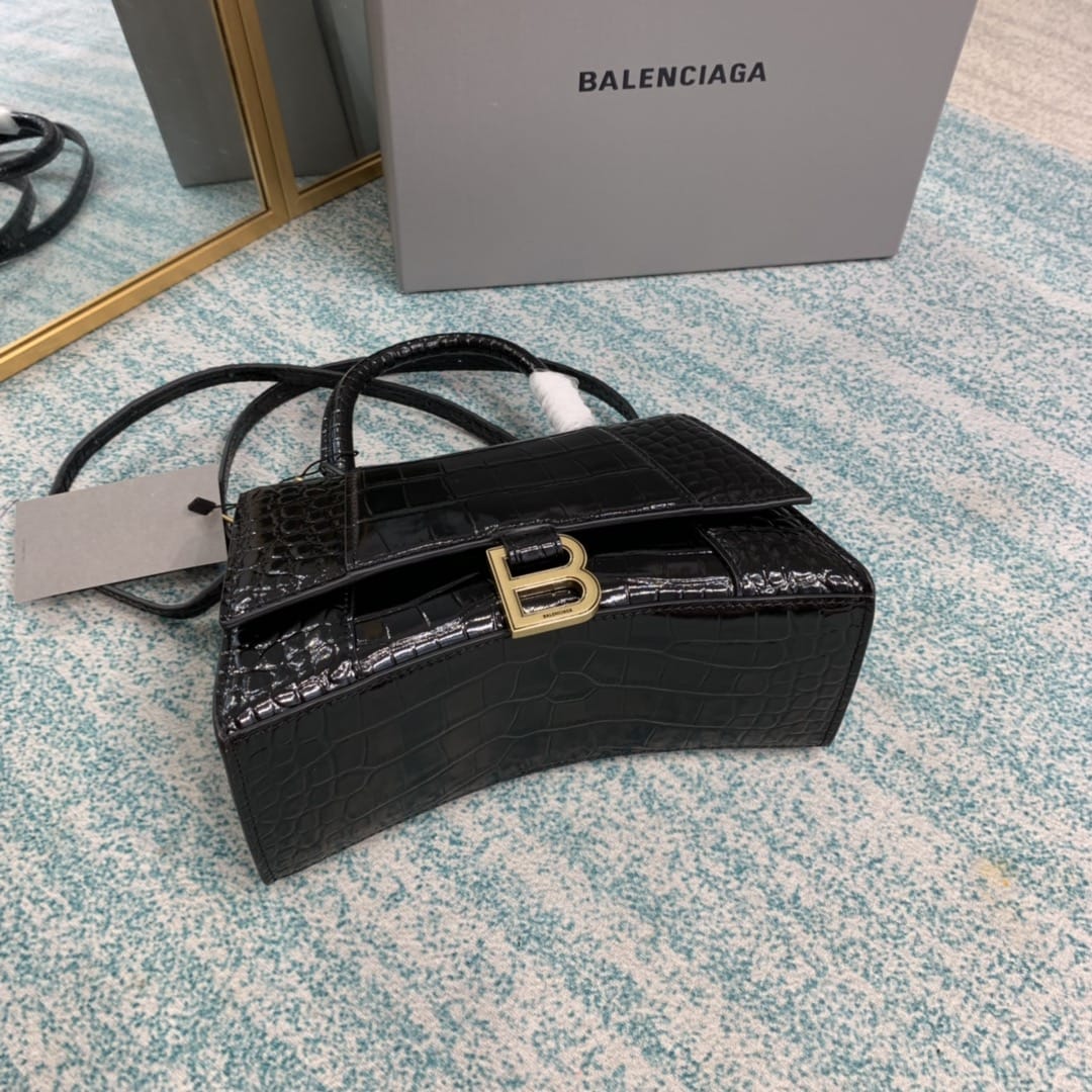 BALENCIAGA Hourglass Small Handbag In Crocodile Embossed - Black & Gold Hardware