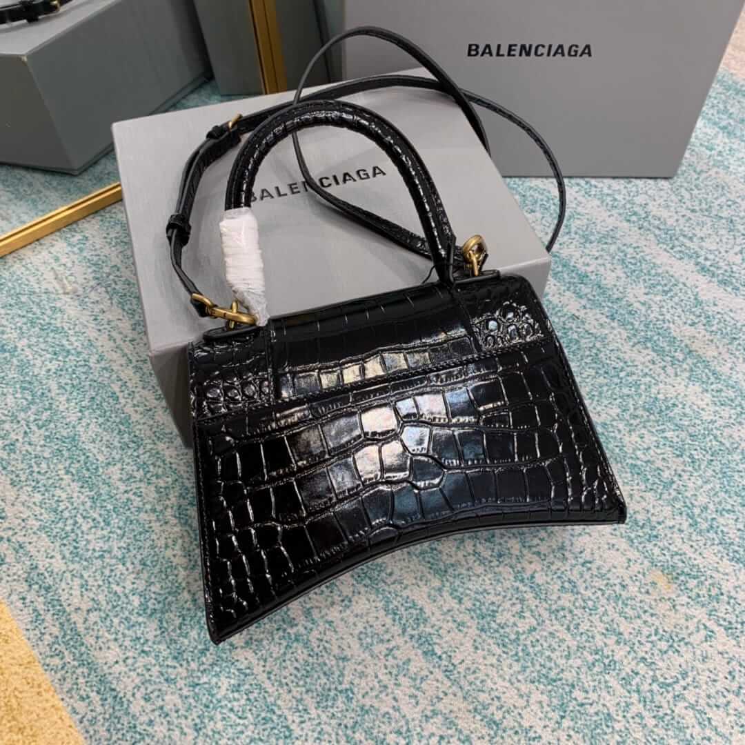 BALENCIAGA Hourglass Small Handbag In Crocodile Embossed - Black & Gold Hardware