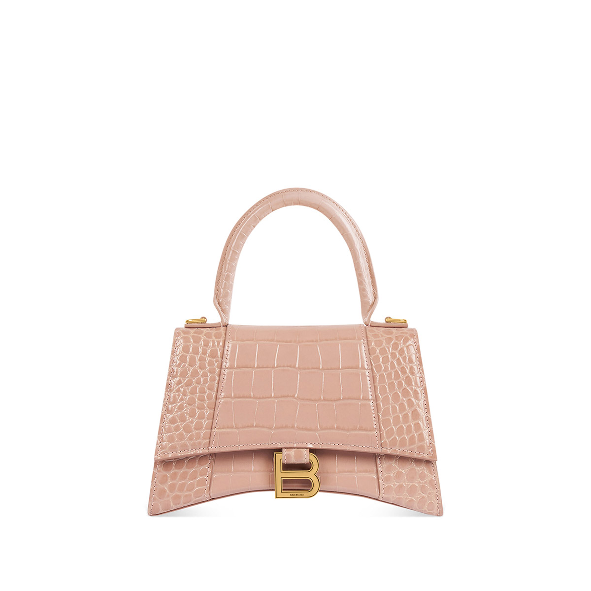 BALENCIAGA Hourglass Small Handbag In Crocodile Embossed - Nude & Gold Hardware