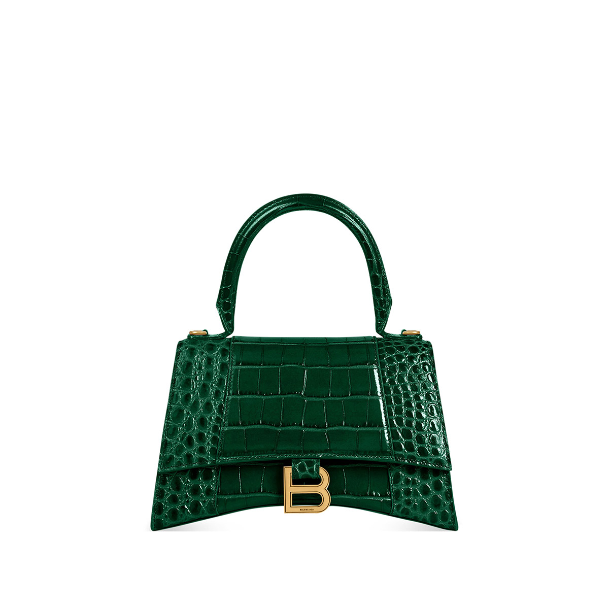 BALENCIAGA Hourglass Small Handbag In Crocodile Embossed - Dark Green & Gold Hardware