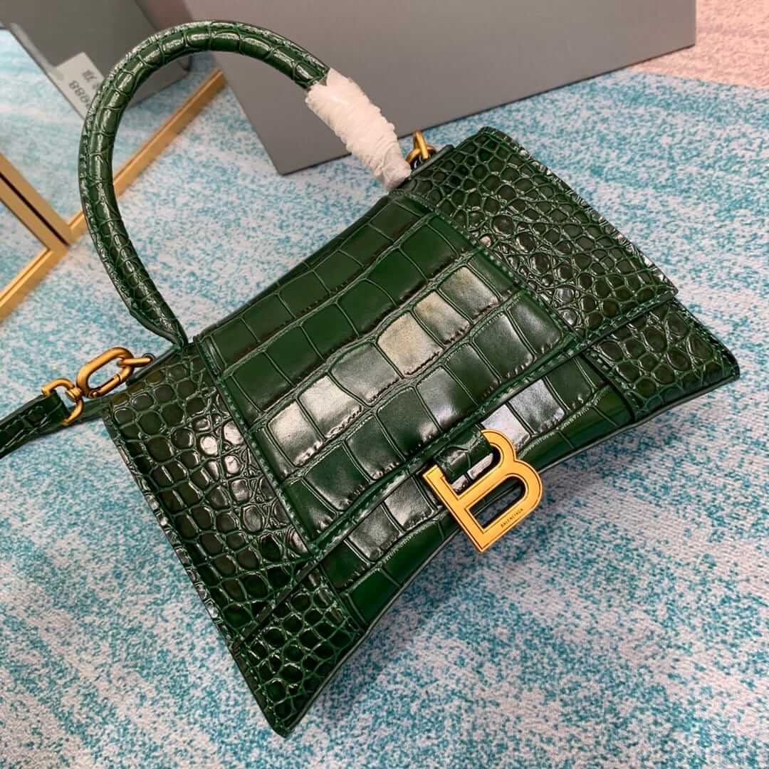 BALENCIAGA Hourglass Small Handbag In Crocodile Embossed - Dark Green & Gold Hardware