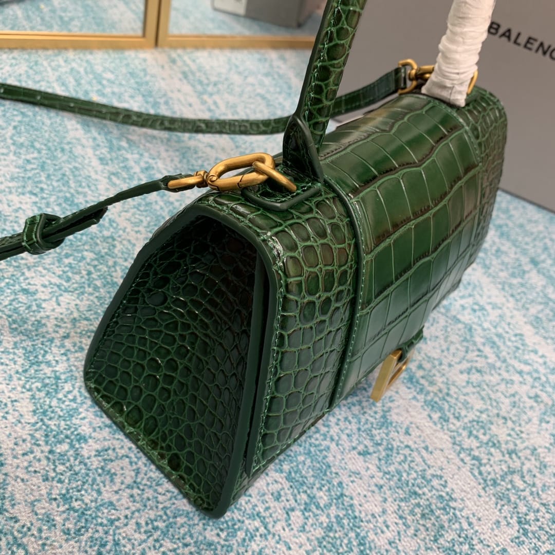 BALENCIAGA Hourglass Small Handbag In Crocodile Embossed - Dark Green & Gold Hardware