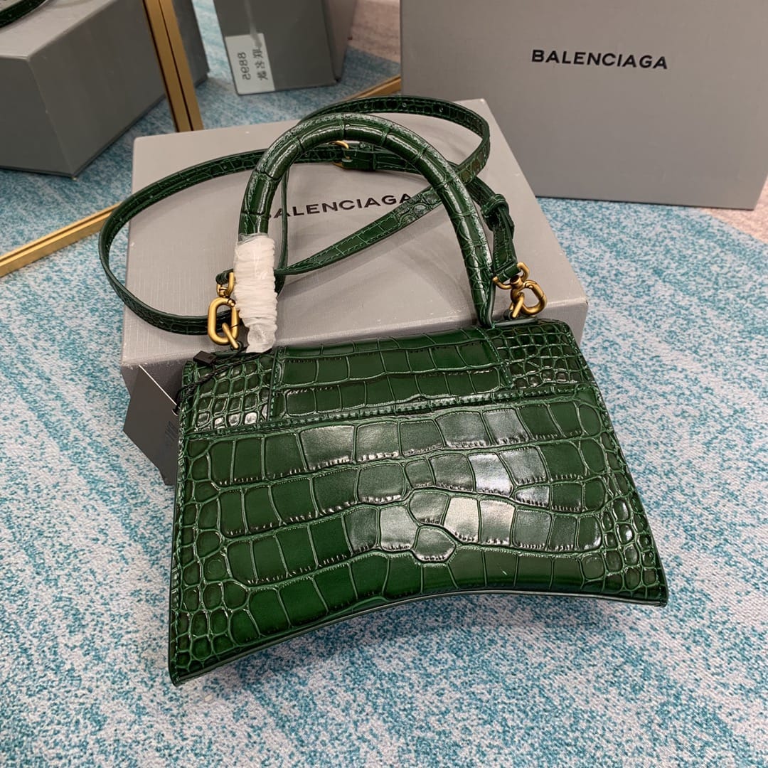 BALENCIAGA Hourglass Small Handbag In Crocodile Embossed - Dark Green & Gold Hardware