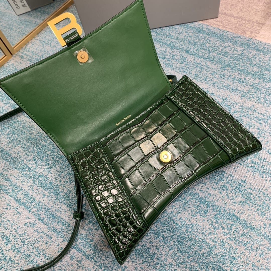 BALENCIAGA Hourglass Small Handbag In Crocodile Embossed - Dark Green & Gold Hardware