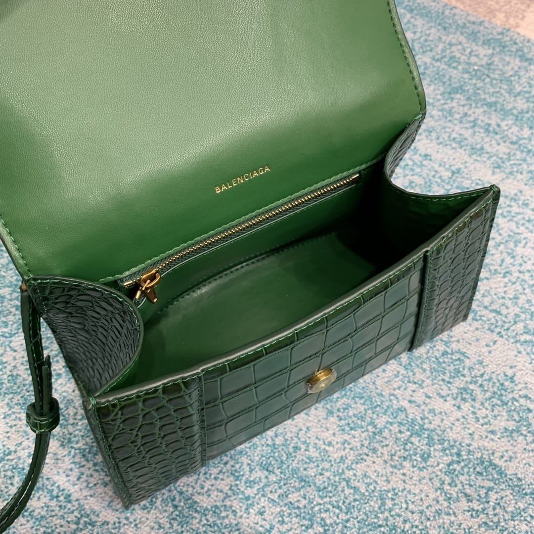 BALENCIAGA Hourglass Small Handbag In Crocodile Embossed - Dark Green & Gold Hardware