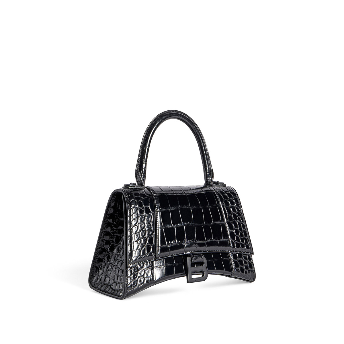 BALENCIAGA Hourglass Small Handbag In Crocodile Embossed - Black & Black Hardware