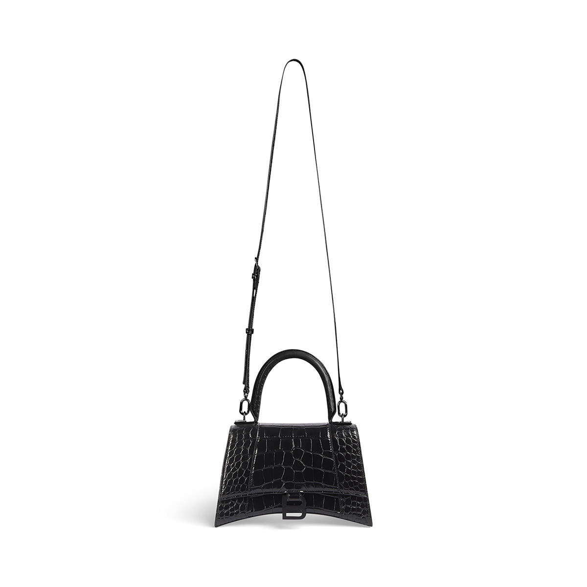 BALENCIAGA Hourglass Small Handbag In Crocodile Embossed - Black & Black Hardware