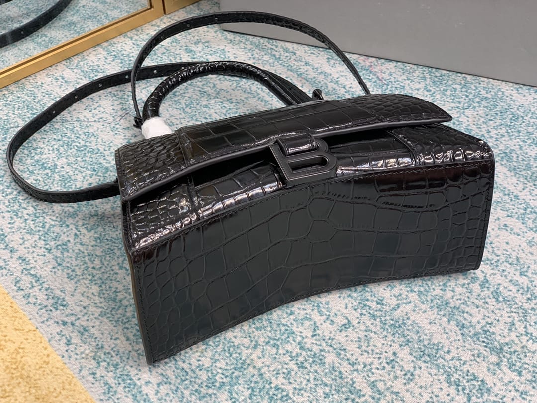 BALENCIAGA Hourglass Small Handbag In Crocodile Embossed - Black & Black Hardware