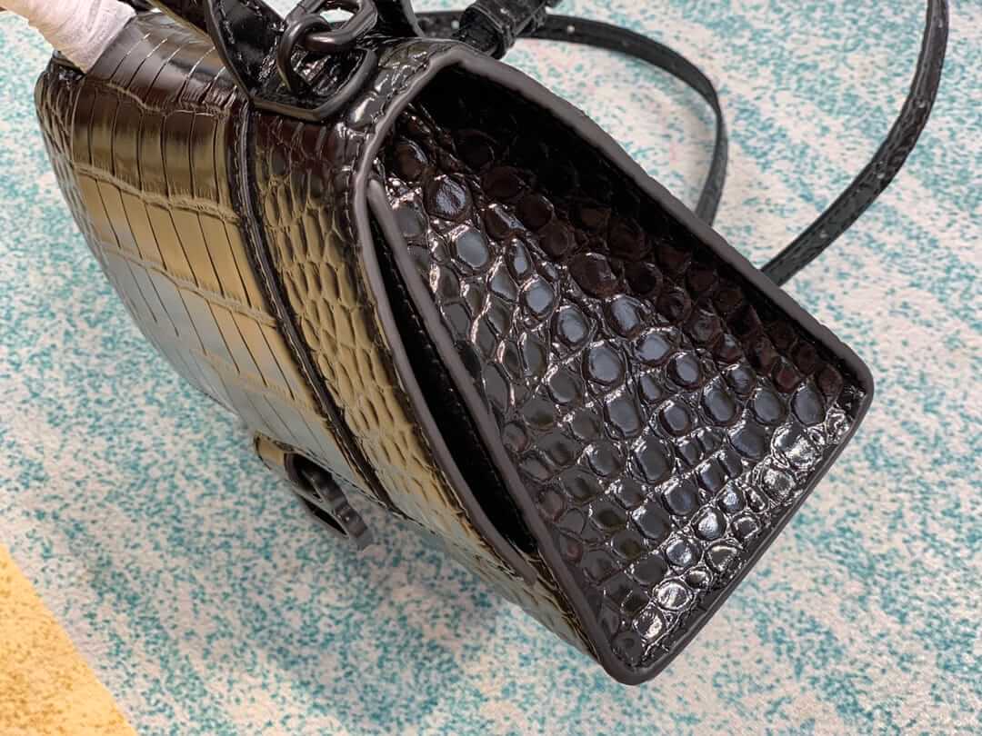 BALENCIAGA Hourglass Small Handbag In Crocodile Embossed - Black & Black Hardware