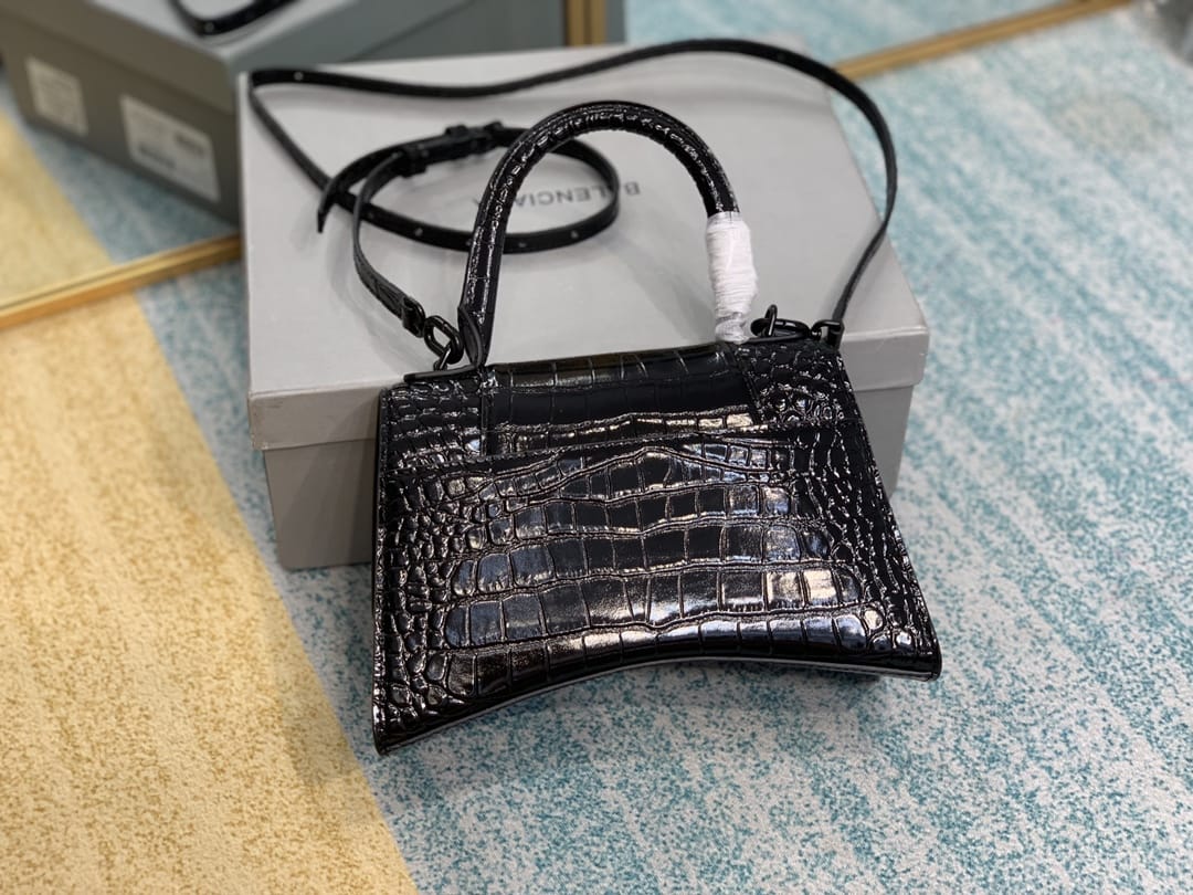 BALENCIAGA Hourglass Small Handbag In Crocodile Embossed - Black & Black Hardware