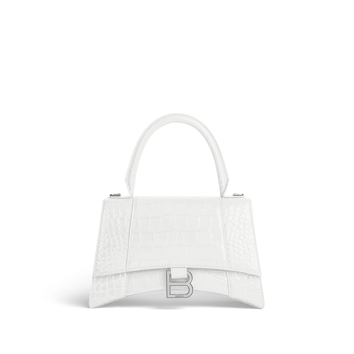 BALENCIAGA Hourglass Small Handbag In Crocodile Embossed - White & Silver Hardware