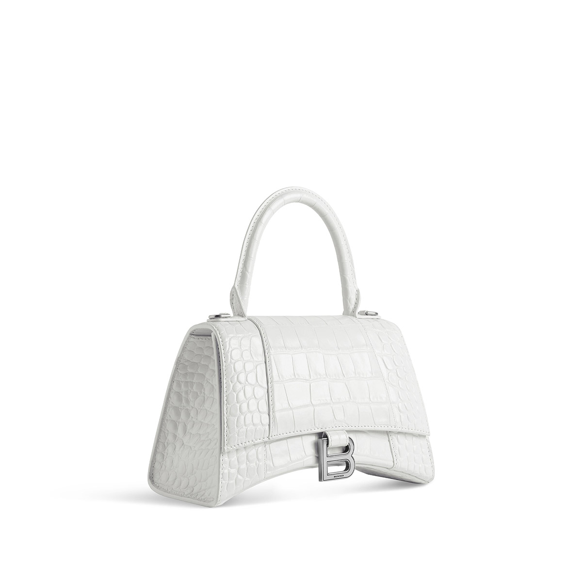 BALENCIAGA Hourglass Small Handbag In Crocodile Embossed - White & Silver Hardware