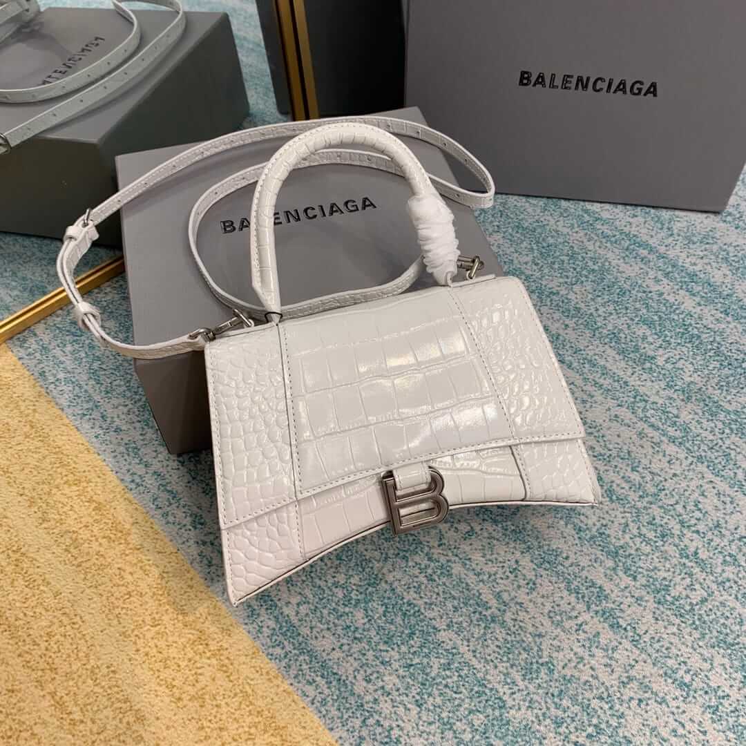 BALENCIAGA Hourglass Small Handbag In Crocodile Embossed - White & Silver Hardware