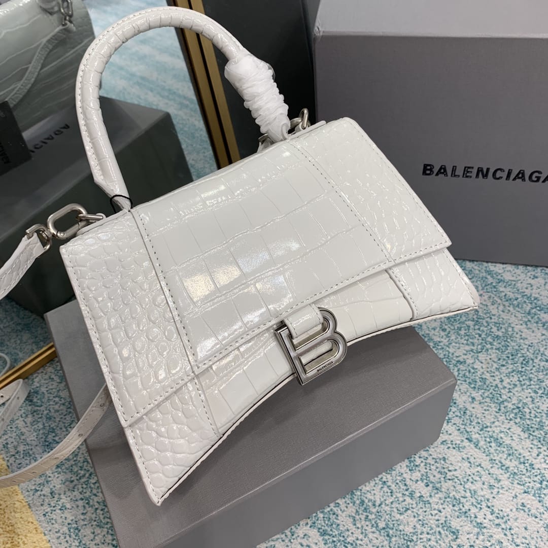 BALENCIAGA Hourglass Small Handbag In Crocodile Embossed - White & Silver Hardware