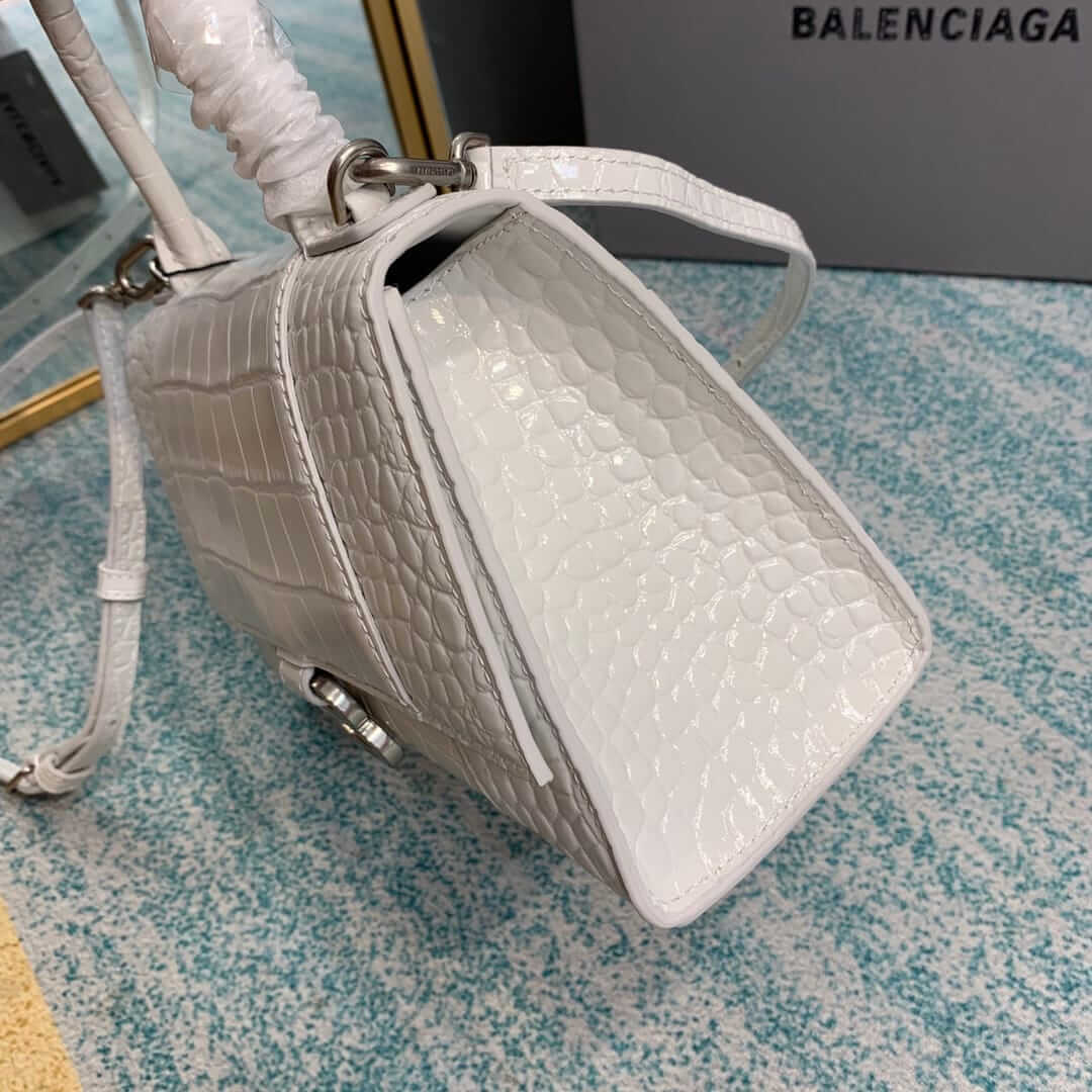 BALENCIAGA Hourglass Small Handbag In Crocodile Embossed - White & Silver Hardware