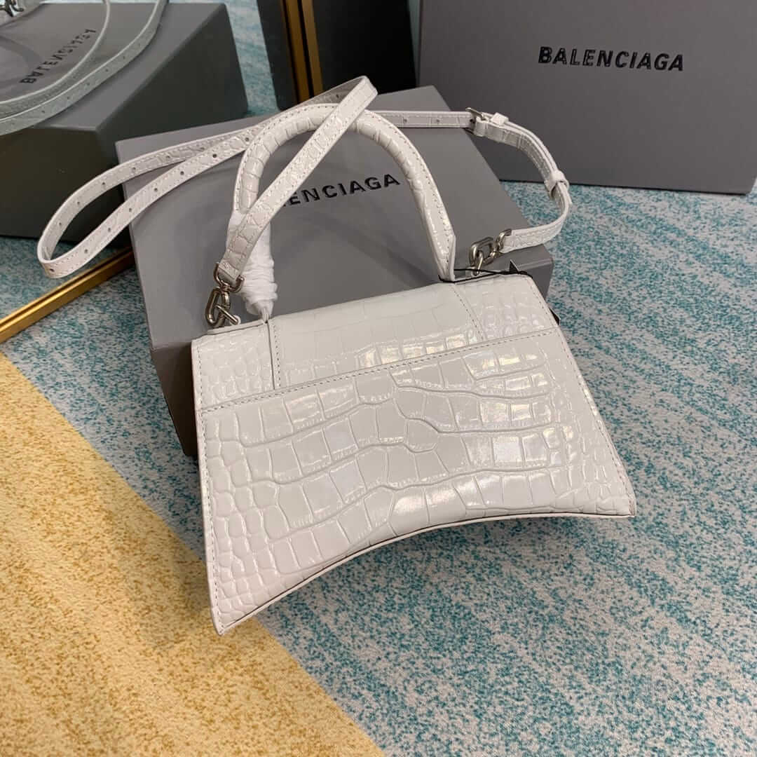 BALENCIAGA Hourglass Small Handbag In Crocodile Embossed - White & Silver Hardware