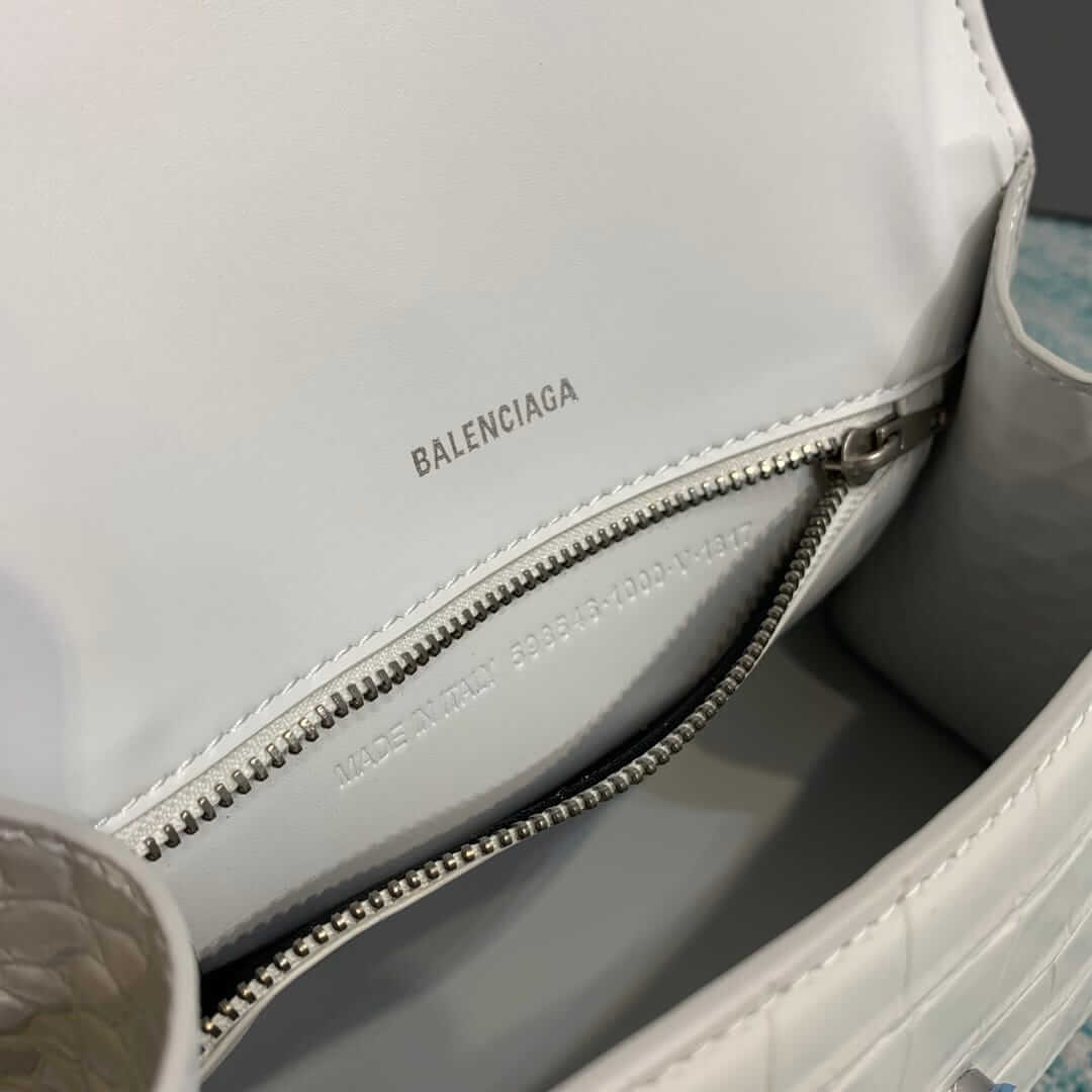 BALENCIAGA Hourglass Small Handbag In Crocodile Embossed - White & Silver Hardware